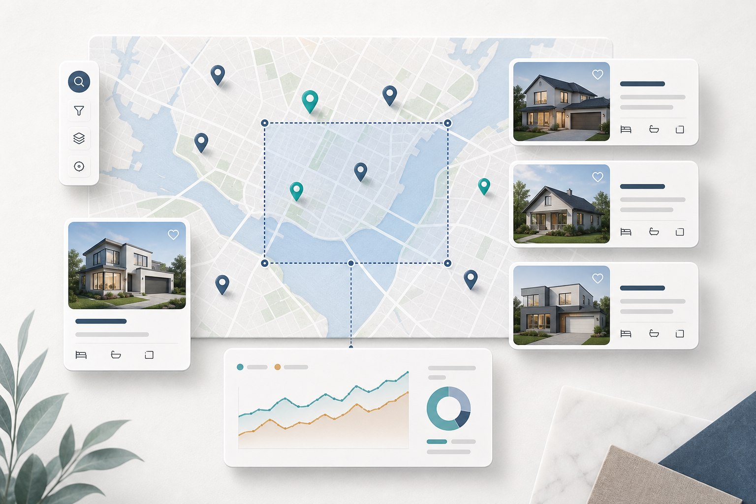 Map-based property search with listing cards and real estate market trend charts