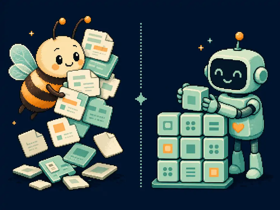 A friendly bee carrying HTML blocks beside a robot arranging structured JSON blocks