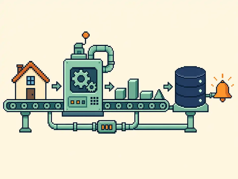 A pixel art pipeline turning a house record into JSON, a database row, and an alert